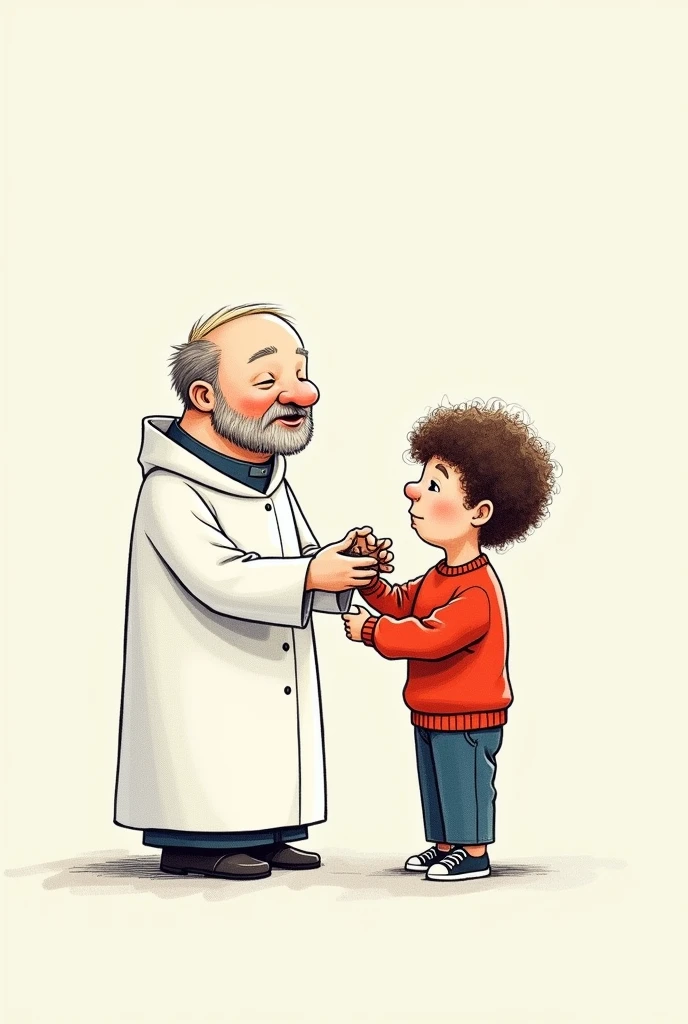 Simple color drawing of a priest using a puppet of a curly-haired boy in a red sweatshirt