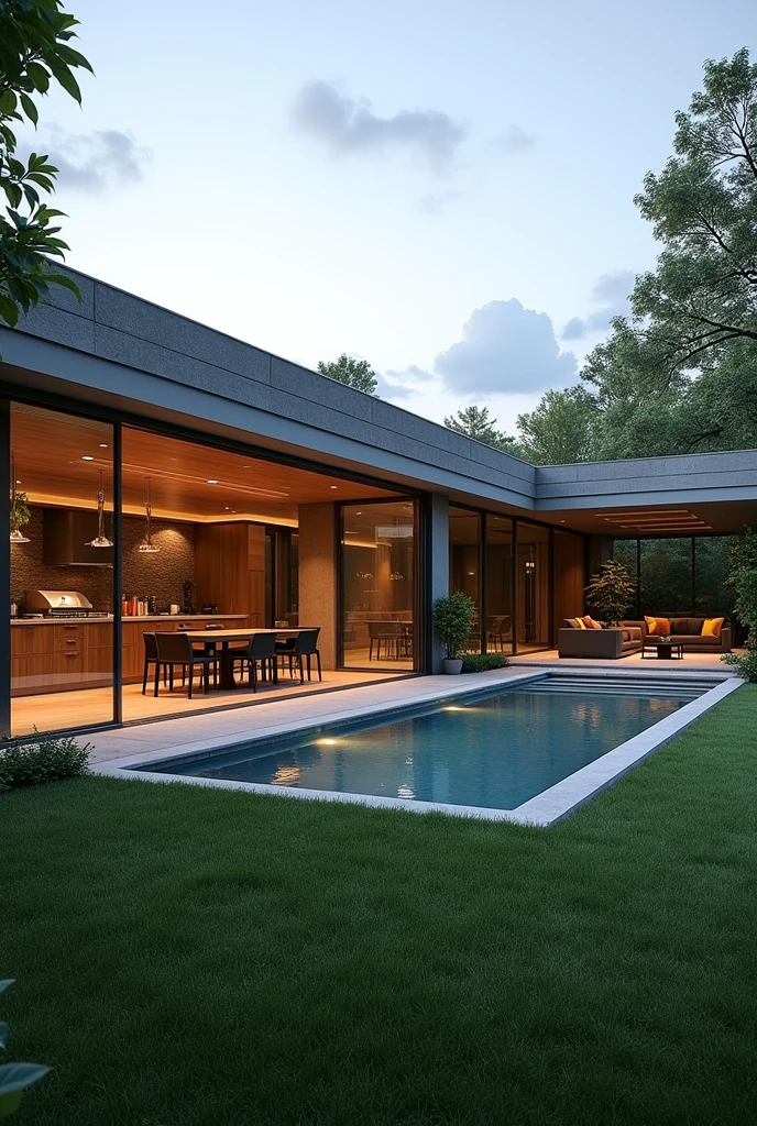 The project of a house on a 420 square meter plot. Modern single storey house. Grassy backyard with jacuzzi and garden, Gourmet area with barbecue and table to receive friends. Lighting in the garden and green area with hanging plants.