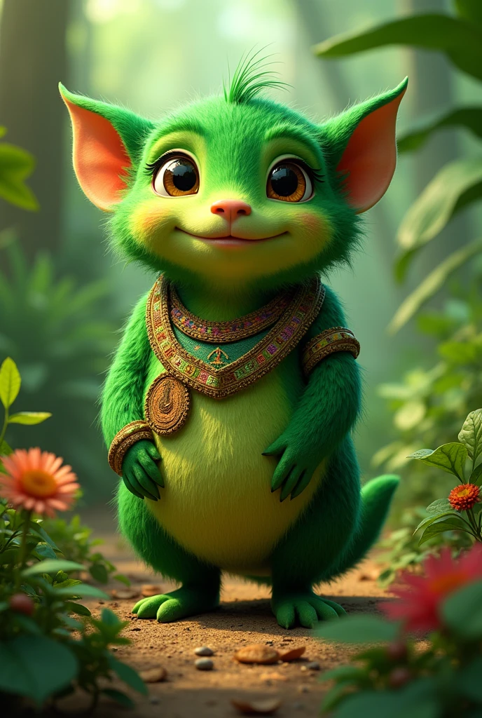 A cute mythological animal in a cylindrical shape dressed in typical Belizean clothing and that is green in color