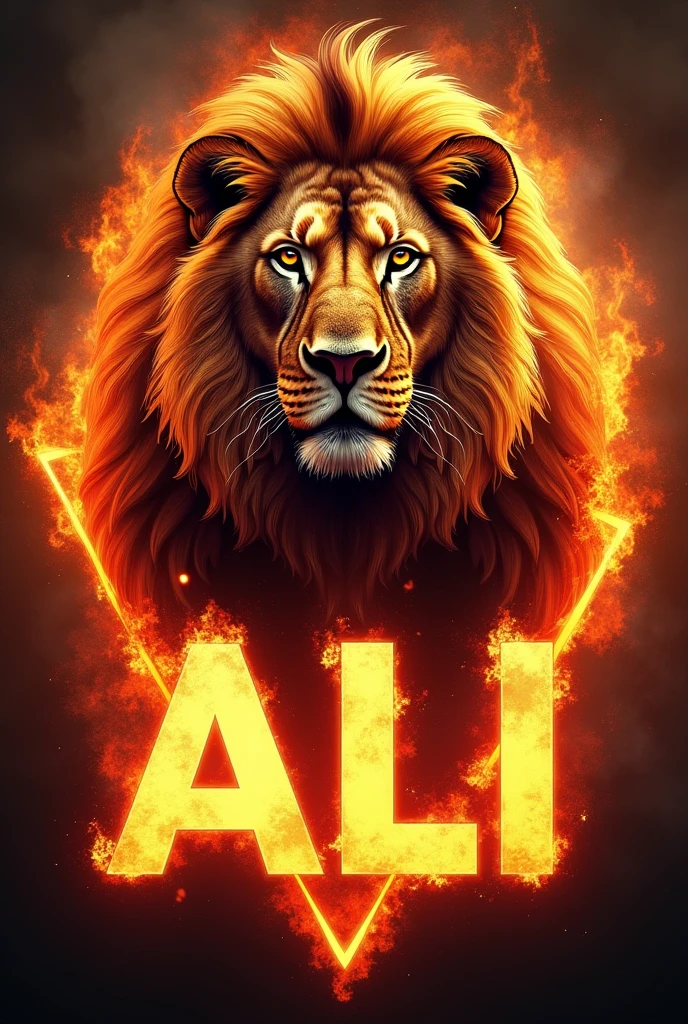 A logo of lion with a name Ali in the background with fire reflection