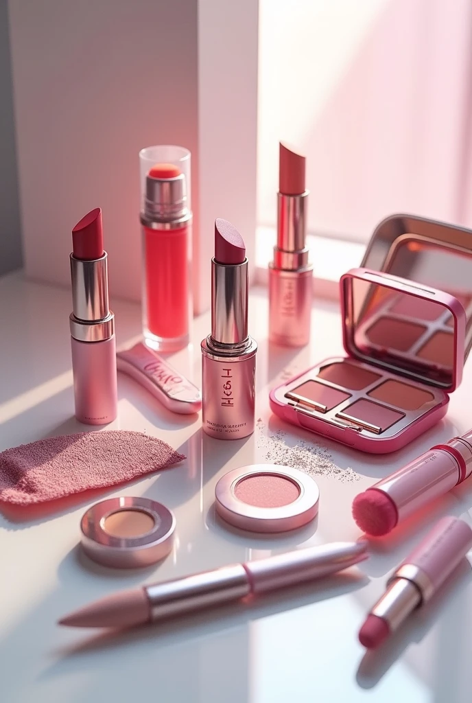 Professional colorful makeup on top of a white table, 4K, Modern, luxury, expensive and diverse packaging.
