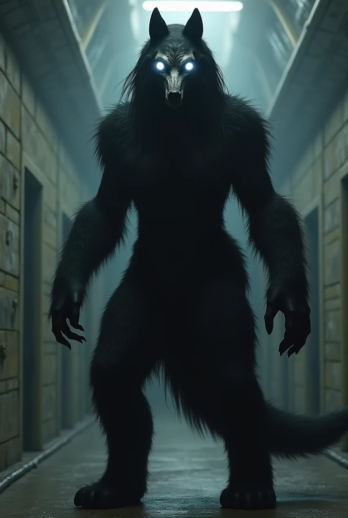 SCP 1471 furry Wolf female scp чёрного цвета, with a wolf skull worn as a mask with two white dots in them, 2,5 meters tall. Lots of hair on arms and legs, long black hair on head, not aggressive