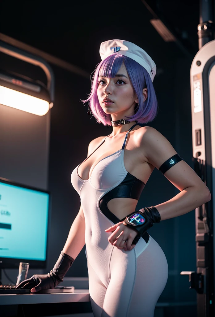 (8K, Raw foto, Best Quality, mastery:1.2), (realisitic, Realistis:1.37),(kpop-idol), (aegyo sal:1),Cute,Professional Lighting, photons mapping, radiosity, physics based rendering , , lucy \(The cyberpunk\), bob cuts, mechanical parts, Grey eyes, short soft pink hair, wearing white nurse cap and white Tight Suit with purple blue gradient essence, cyberpunk city, white pants, natta, neon lit, Sexy, smoke, looking up at viewer,, 8K High Resolution, 8K, CG wallpapers, realitic, clear background, Medium , Body