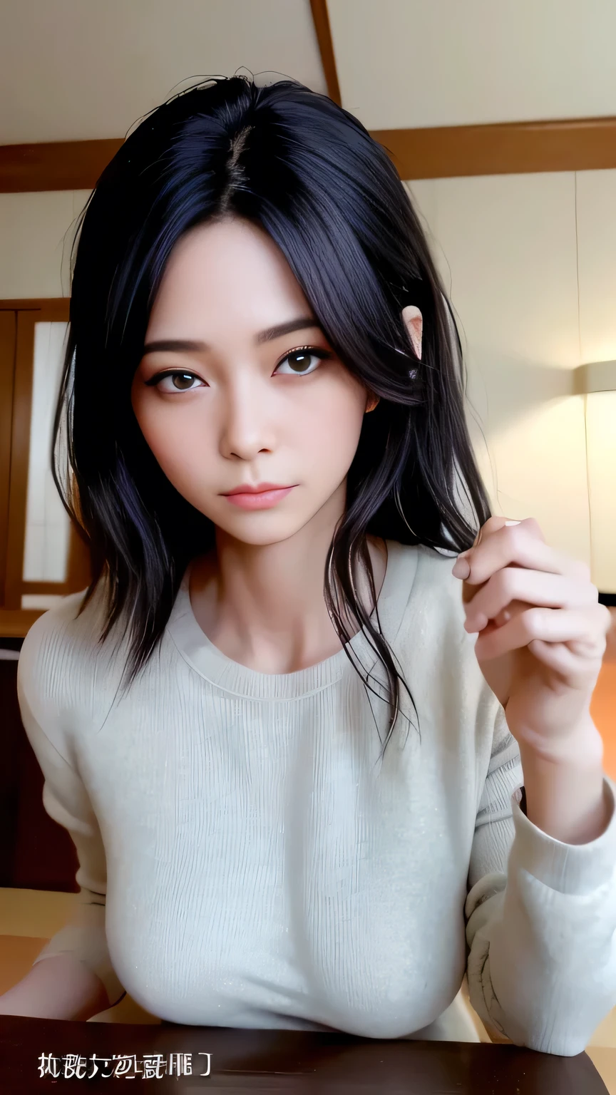 ((Highest quality)), ((masterpiece)), (detailed),Perfect Face,Japanese,Mother,40 years old,Straight medium hair、A loose, lightweight sweatshirt、Close-up photo focusing on upper body、Bedroom at home、detailedな手、detailedな指、detailedな目、