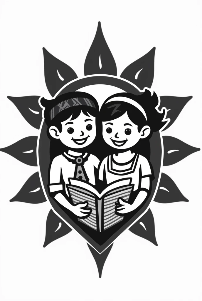 ¡Genial! A logo for the primary school "Rochivo Creel Indigenous Primary School" with Tarahumara children a shield in the shape of a sun, which is an important element in the Tarahumara culture. In the center of the sun, Places a Tarahumara boy and girl smiling and holding an open book. The boy and girl can be dressed in typical costumes of their culture..



The logo can be black and white. 
