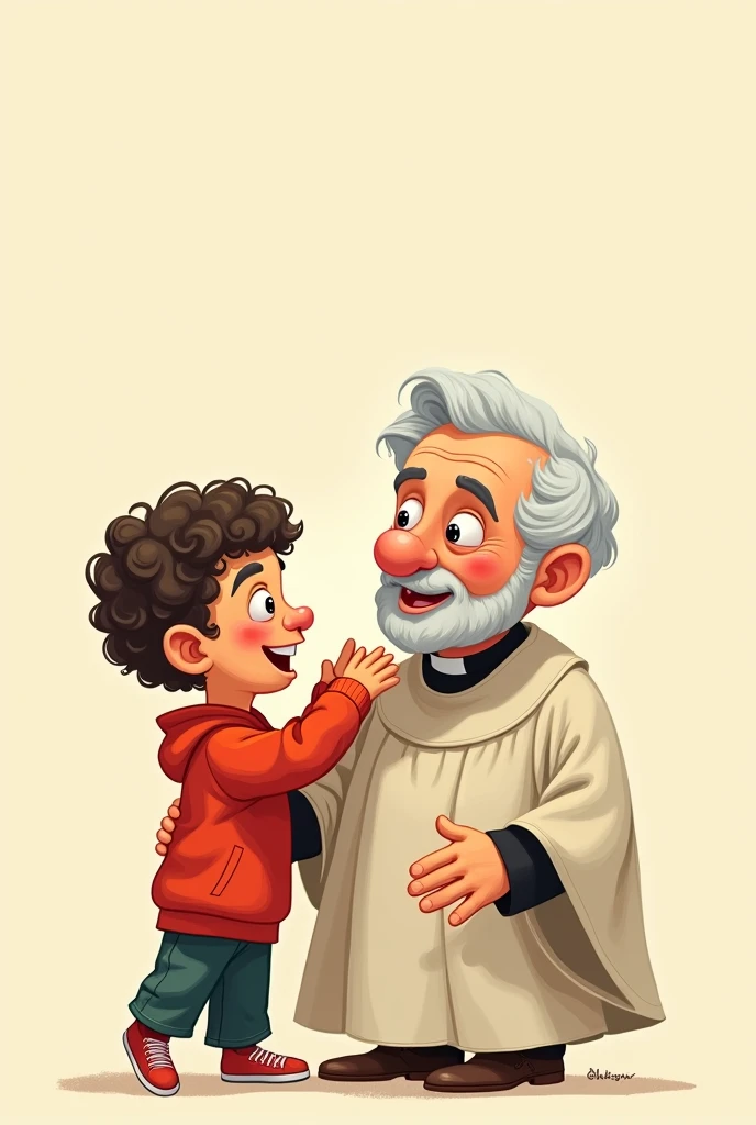 Create a traditional drawing of a Padre Pio wearing a brown habit, white beard and black gloves with a loving look, inside the church with a 2 year old baby with dark brown hair and white skin. disney pixar style