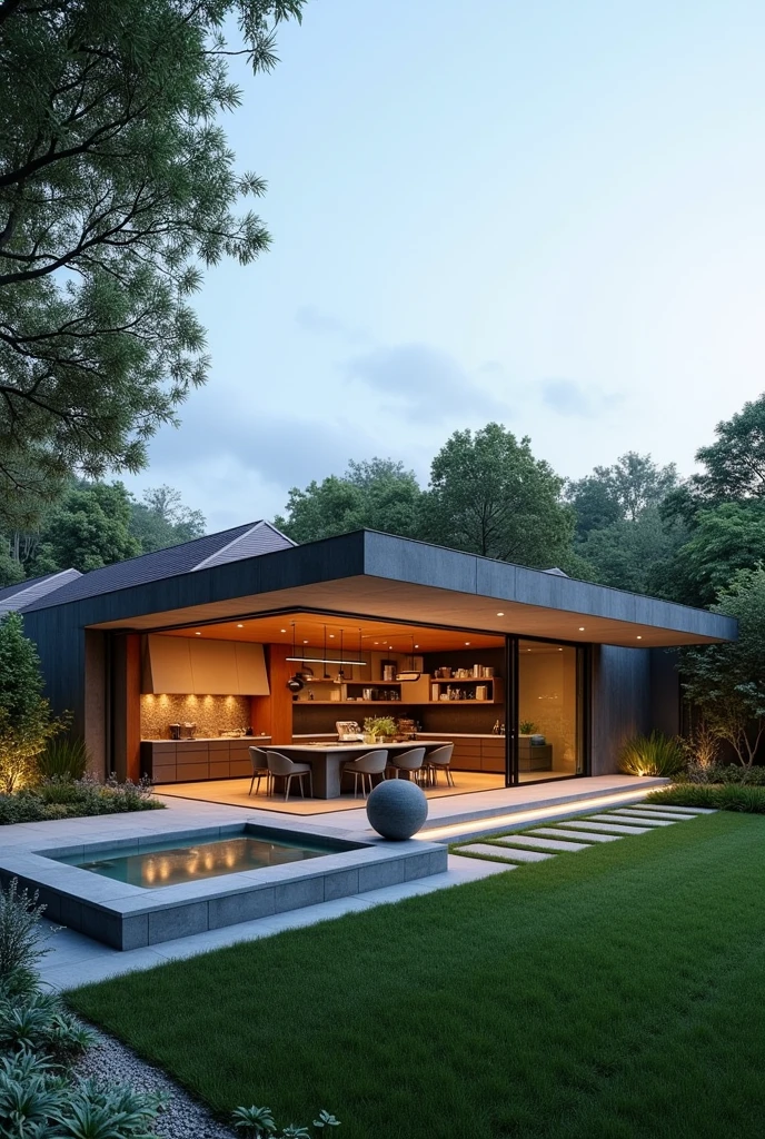 The project of a house on a 420 square meter plot. Modern single storey house. Grassy backyard with jacuzzi and garden, Gourmet area with barbecue and table to receive friends. Lighting in the garden and green area with hanging plants. 