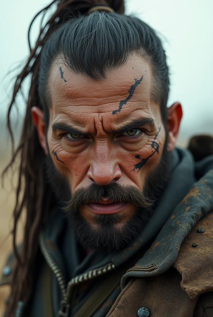 dark hair, deep-set eyes, rugged features, weathered skin, strong hands, scarred face, focused expression.