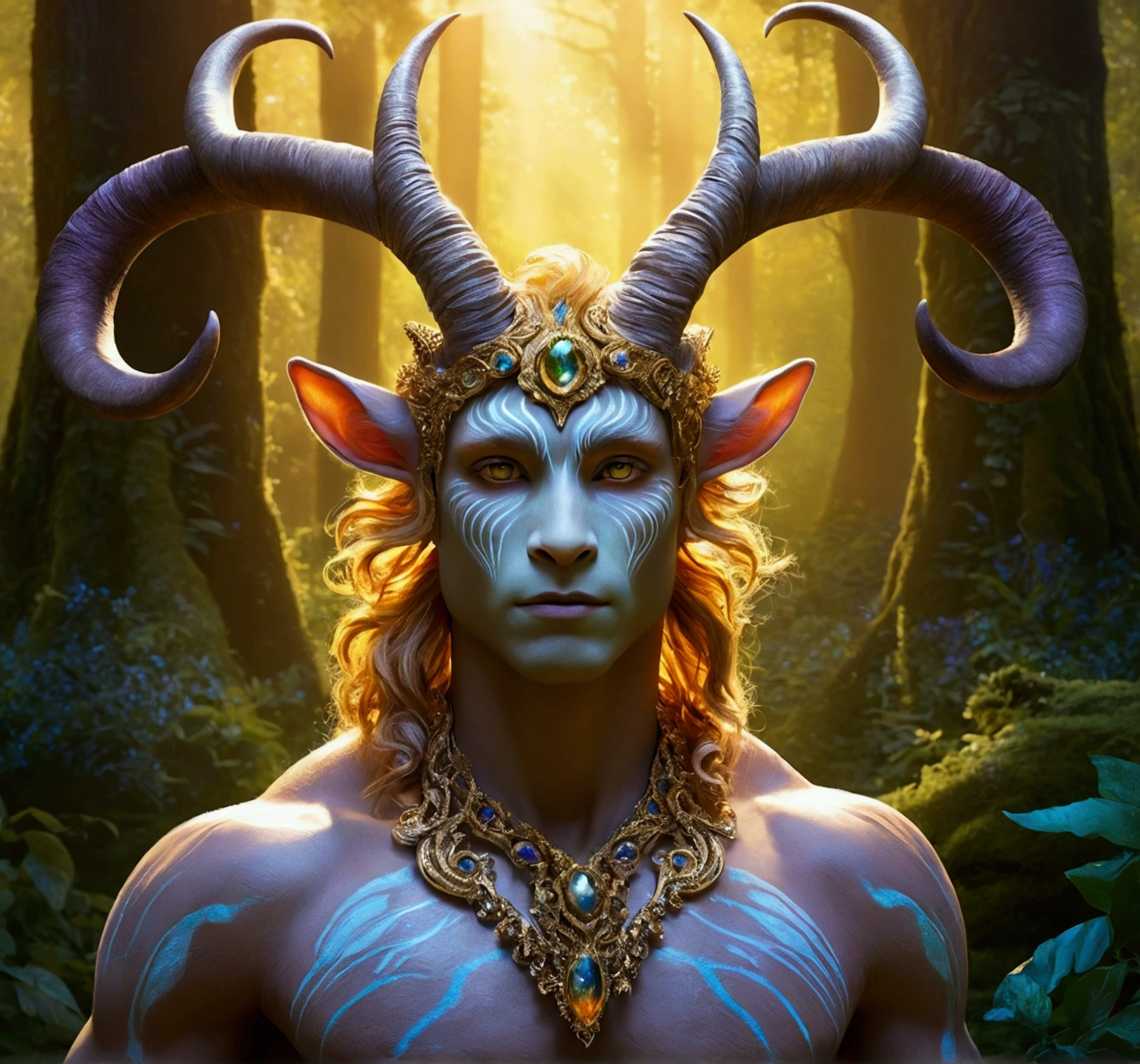 A beautiful, enchantingly elusive humanoid faun, every aspect exudes magic in the midst of danger: shimmering rainbow fur, ethereal golden horn, and eyes that seem to hold the secrets of the universe. The mystical creature is surrounded by a lush, enchanted forest, bathed in the soft light of the setting sun, creating a dreamlike atmosphere that transports viewers to a realm of fantasy and wonder. This breathtaking image is a digital painting that captures the essence of the mythical creature with stunning detail and masterful technique, making it a truly mesmerizing work of art, 32K UHD, Style Raw