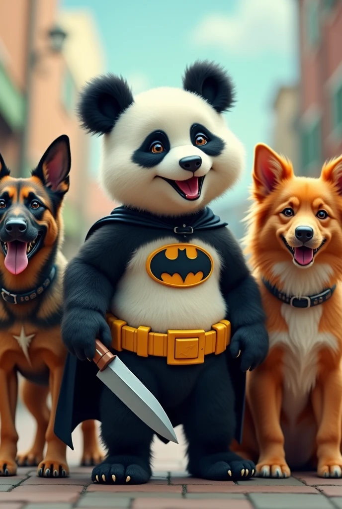 A cute smiling panda dressed as Batman with a knife with a German Shepherd and a long-haired orange winged collie shepherd