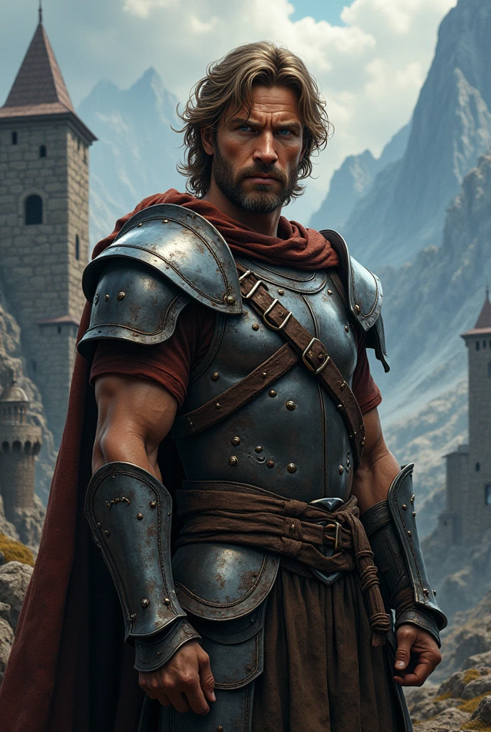 Illustrate the face of actor Kurt Russell at age 23 as a Dungeons and Dragons warrior, full body 8k,detail Kurt Russell&#39;s face well. RPG, realisitic
