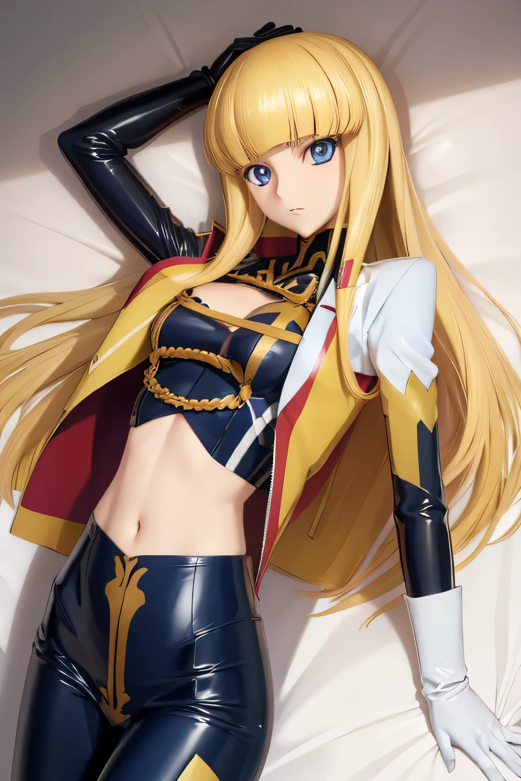 nsfw　Highest quality,Highest Resolution,(((Latex military uniform　Blonde　dark blue eyes)))　Code Geass　Monica　long hair　straight　expressionless　flat chest　woman　cool