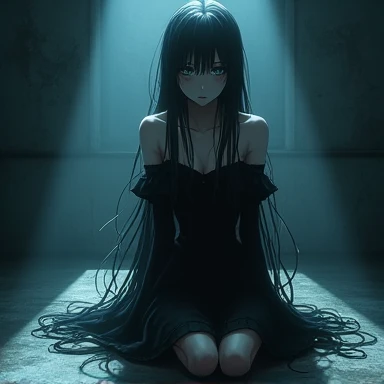 An anime girl in a sexy gothic looking dress kneels on the ground in a dimly lit basement. Her long hair cascades over her shoulders, casting shadows on the ground around her, desperate pose, long eyelashes. desperate expression