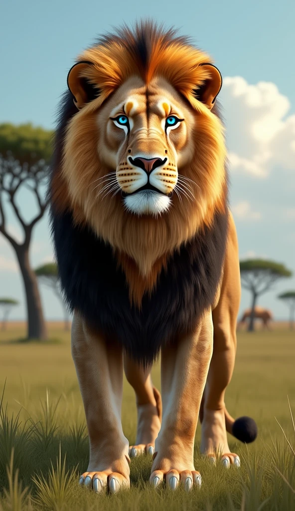 Generate an ultra realistic 8k image of a strong and large blue-eyed lion