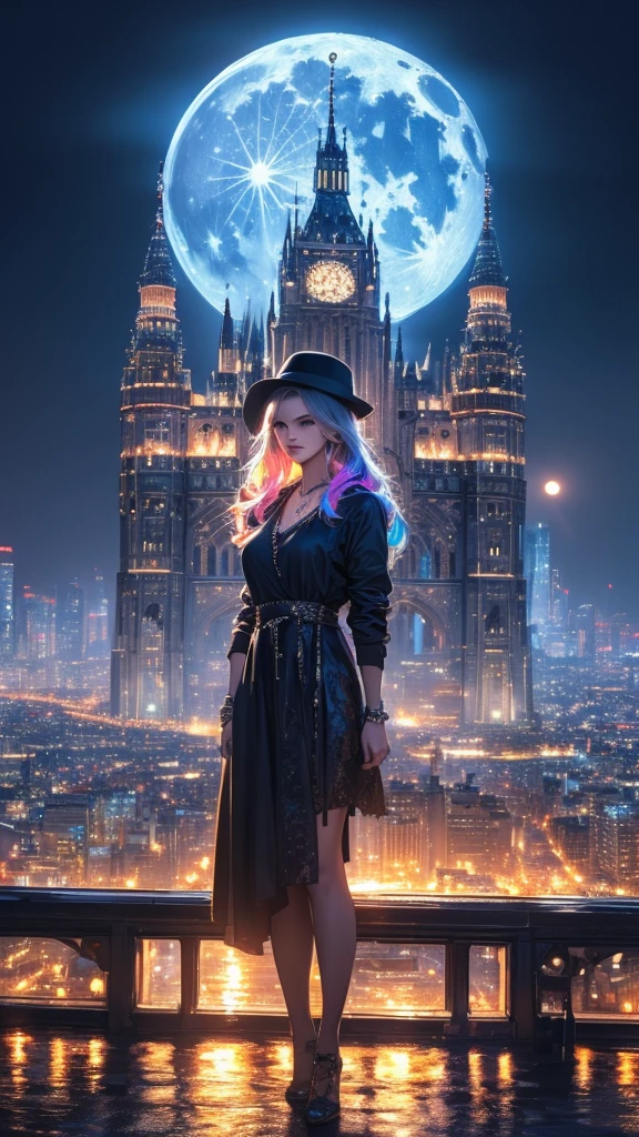 a woman with multicolored hair, beautiful detailed eyes, beautiful detailed lips, extremely detailed face and skin, long eyelashes, wearing a necklace and a hat, standing alone at night in a city with a castle, skyscrapers, ferris wheel, full moon in the sky, (best quality,4k,8k,highres,masterpiece:1.2),ultra-detailed,(realistic,photorealistic,photo-realistic:1.37),cityscape,intricate details,dramatic lighting,cinematic composition,moody atmosphere,vibrant colors