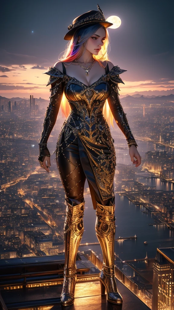 a woman with multicolored hair, beautiful detailed eyes, beautiful detailed lips, extremely detailed face and skin, long eyelashes, wearing a necklace and a hat, standing alone at night in a city with a castle, skyscrapers, ferris wheel, full moon in the sky, (best quality,4k,8k,highres,masterpiece:1.2),ultra-detailed,(realistic,photorealistic,photo-realistic:1.37),cityscape,intricate details,dramatic lighting,cinematic composition,moody atmosphere,vibrant colors