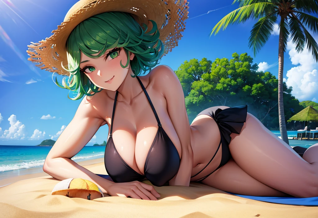 (high res, 8K, masterpiece, looking at viewer, best quality, very aesthetic, ultra detailed, ultra background, ultra Eyes) intricate details, 1girl, Tatsumaki, Black Bikini, Wearing a beach hat, flowers on the hat, green short hair, green eyes, Smile Face, sit on a beach chair, Background Sea, Coconut Tree, Beach, Cinematic Angle