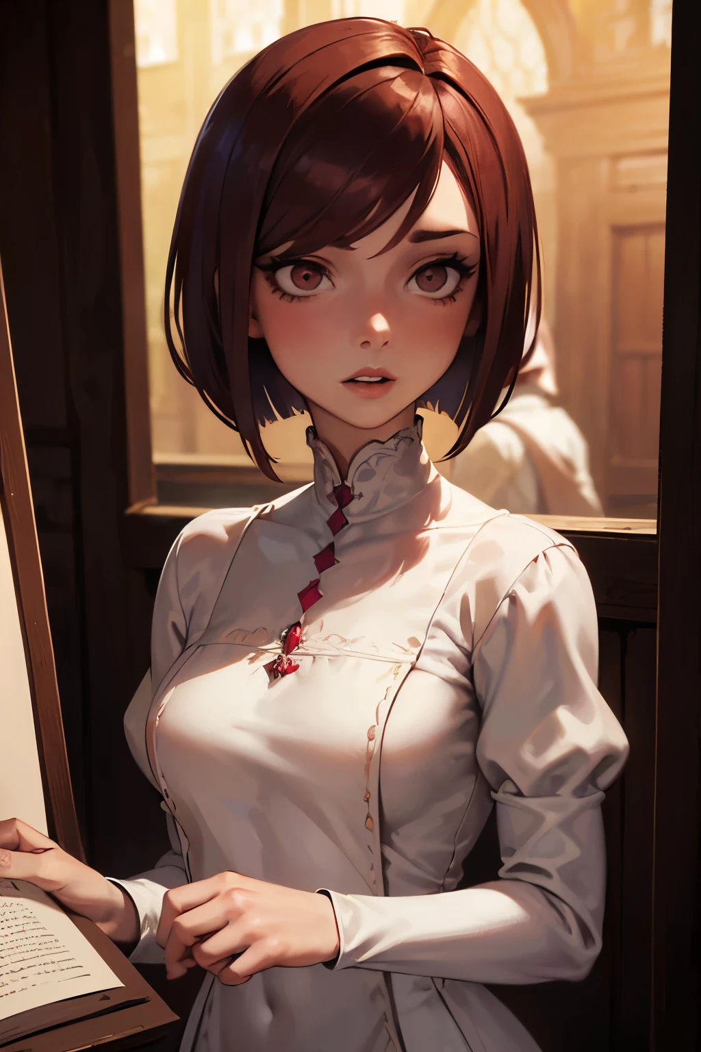 medieval servant girl, (modest dress: 1.2), slim build, (reddish-brown hair cut in bob hairstyle: 1.5), (full lips: 1.2), (frightened: 1.2), (dimly-lit medeival study: 1.2)