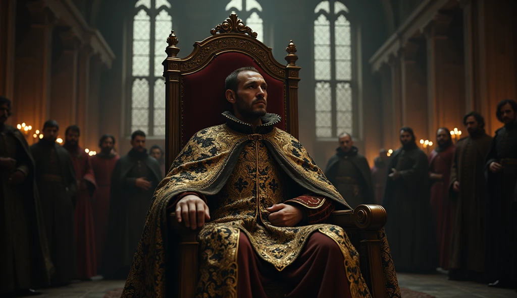 A cinematic and evocative scene inspired by the style of Edmund Blair Leighton, portraying Philip VI of Valois as a newly crowned king, fraught with tension and insecurity. The image captures him seated on a grand, yet intimidating throne, surrounded by the heavy shadows of the French court. His regal attire, rich with intricate gold embroidery and the fleur-de-lis, contrasts with his troubled expression, revealing the weight of his disputed claim to the throne. The throne room is dark and foreboding, with towering Gothic arches and dimly lit by flickering candlelight, casting long, ominous shadows across the stone floor. Behind him, courtiers and advisors murmur in the background, their faces partially obscured, adding to the sense of unease and uncertainty. The atmosphere is charged with a sense of looming conflict, as the newly minted monarch grapples with the fragility of his reign. The dramatic lighting and deep shadows heighten the tension, emphasizing the precariousness of his p, Surrealism, Hyperrealism, UHD, retina, masterpiece, accurate, anatomically correct, textured skin, super detail, 16k