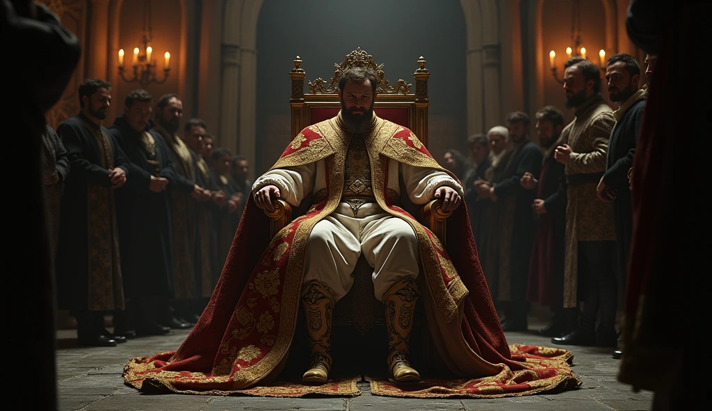 A cinematic and evocative scene inspired by the style of Edmund Blair Leighton, portraying Philip VI of Valois as a newly crowned king, fraught with tension and insecurity. The image captures him seated on a grand, yet intimidating throne, surrounded by the heavy shadows of the French court. His regal attire, rich with intricate gold embroidery and the fleur-de-lis, contrasts with his troubled expression, revealing the weight of his disputed claim to the throne. The throne room is dark and foreboding, with towering Gothic arches and dimly lit by flickering candlelight, casting long, ominous shadows across the stone floor. Behind him, courtiers and advisors murmur in the background, their faces partially obscured, adding to the sense of unease and uncertainty. The atmosphere is charged with a sense of looming conflict, as the newly minted monarch grapples with the fragility of his reign. The dramatic lighting and deep shadows heighten the tension, emphasizing the precariousness of his p, Surrealism, Hyperrealism, UHD, retina, masterpiece, accurate, anatomically correct, textured skin, super detail, 16k