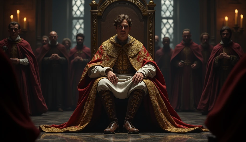 A cinematic and evocative scene inspired by the style of Edmund Blair Leighton, portraying Philip VI of Valois as a newly crowned king, fraught with tension and insecurity. The image captures him seated on a grand, yet intimidating throne, surrounded by the heavy shadows of the French court. His regal attire, rich with intricate gold embroidery and the fleur-de-lis, contrasts with his troubled expression, revealing the weight of his disputed claim to the throne. The throne room is dark and foreboding, with towering Gothic arches and dimly lit by flickering candlelight, casting long, ominous shadows across the stone floor. Behind him, courtiers and advisors murmur in the background, their faces partially obscured, adding to the sense of unease and uncertainty. The atmosphere is charged with a sense of looming conflict, as the newly minted monarch grapples with the fragility of his reign. The dramatic lighting and deep shadows heighten the tension, emphasizing the precariousness of his p, Surrealism, Hyperrealism, UHD, retina, masterpiece, accurate, anatomically correct, textured skin, super detail, 16k