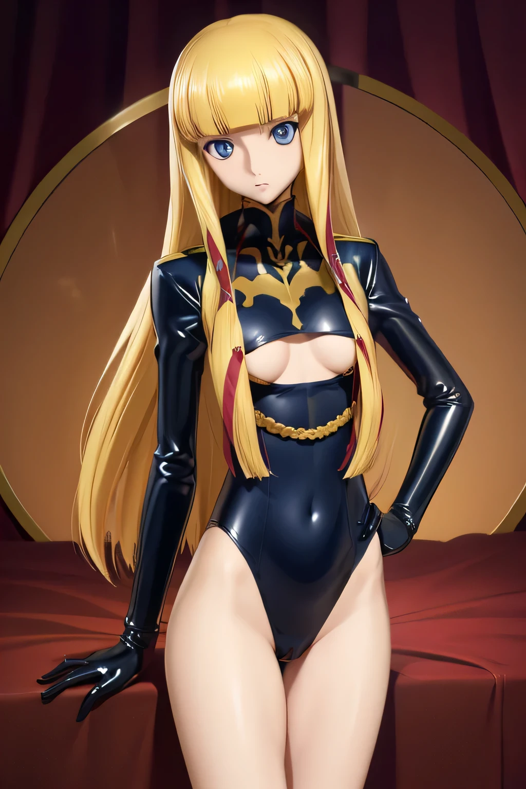 nsfw　Highest quality,Highest Resolution,(((Latex military uniform　Blonde　dark blue eyes)))　Code Geass　Monica　long hair　straight　expressionless　flat chest　woman　cool