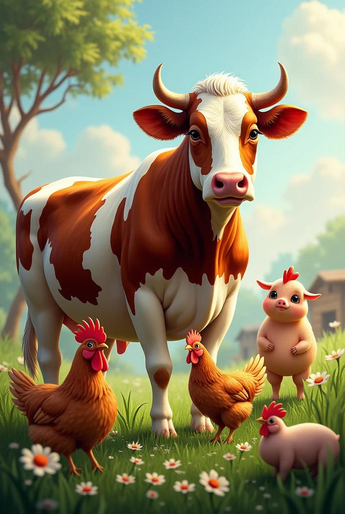Stunning realistic brown bi-color cow with pigs, Chickens and hens in grass without flowers and pigs