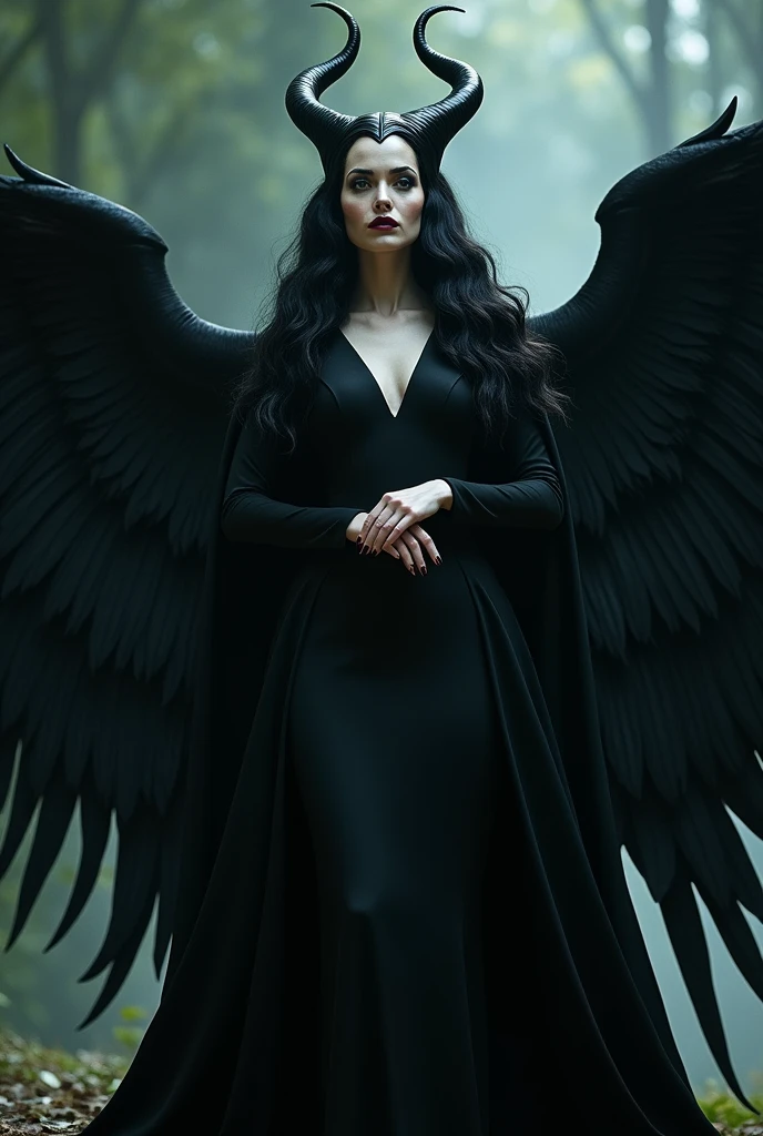 Maleficent Angelina Jolie with her black-feathered bird wings and long black hair showing