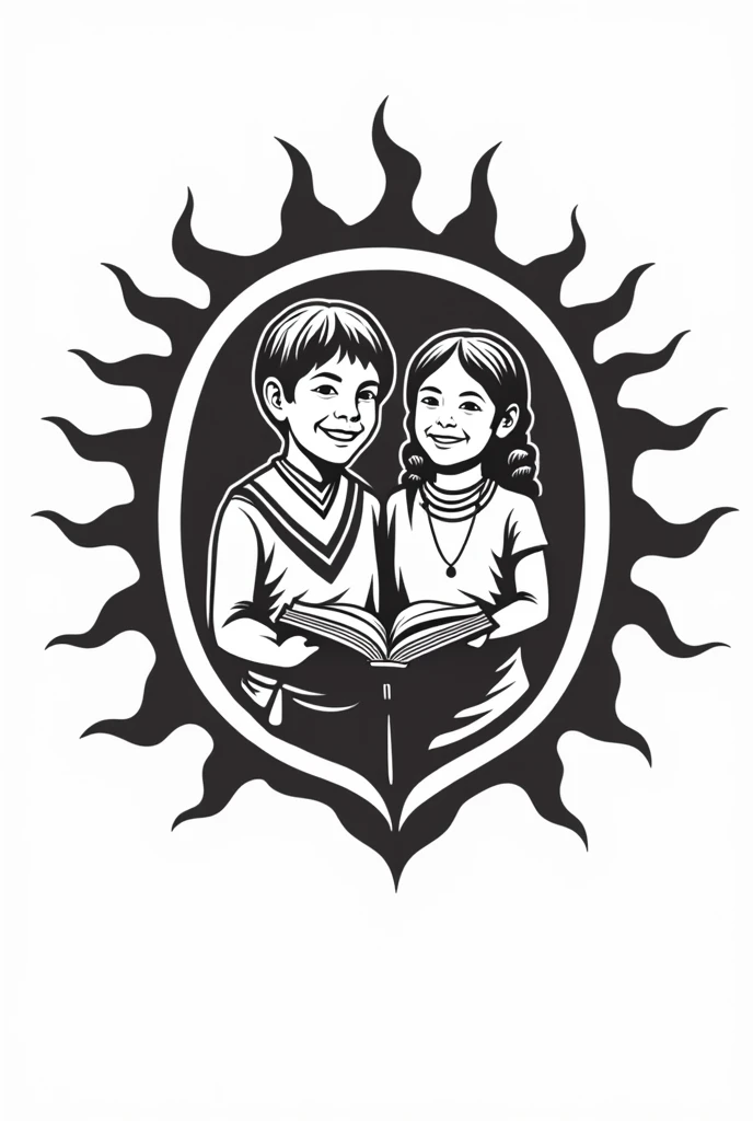 ¡Genial! A logo for the primary school "Rochivo Creel Indigenous Primary School" with Tarahumara children a shield in the shape of a sun, which is an important element in the Tarahumara culture. In the center of the sun, Places a Tarahumara boy and girl smiling and holding an open book. The boy and girl can be dressed in typical costumes of their culture..
The logo can be black and white.