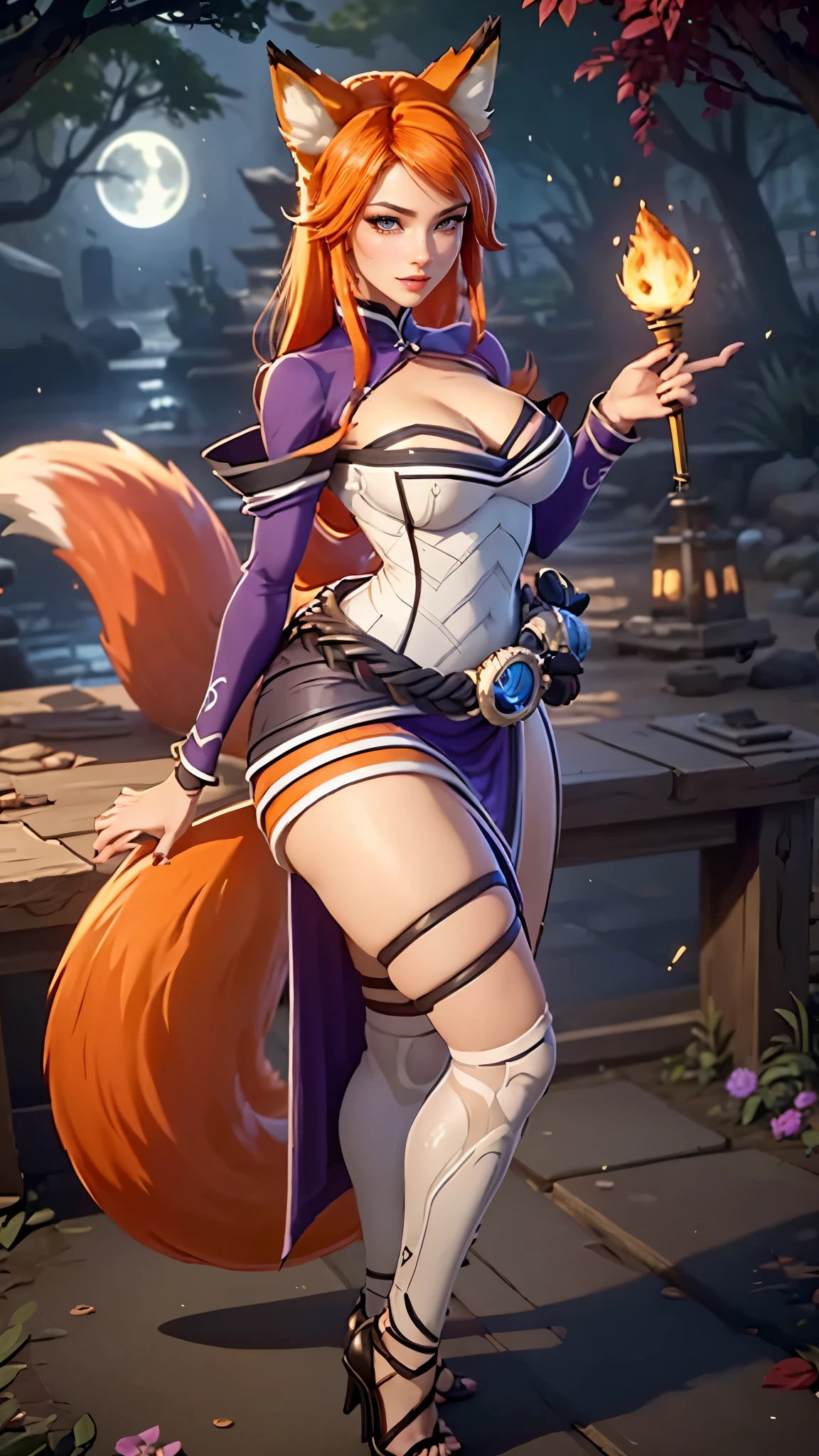 Ahri da league of legends,(best qualityer,4K,8k,high resolution, work of art:1.2)(weather: moonlight), Japanese female, spirit forest pond background, red and white long sleeve korean kimono dress, cleavage, scepter, cute makeup, thigh high socks, high heels, belt, silver and orange hair, long curly hair, fox ears, multiple fox tails, ultra detailed, realistic, portrait, beautiful detailed purple eyes, freckles, beautiful detailed lips, extremely detailed eye and face, beautiful girl, long eyelashes, sexly, average, large breasts, beaming smile, sexy pose, stunning curves, bright coloured, dramatic lighting,