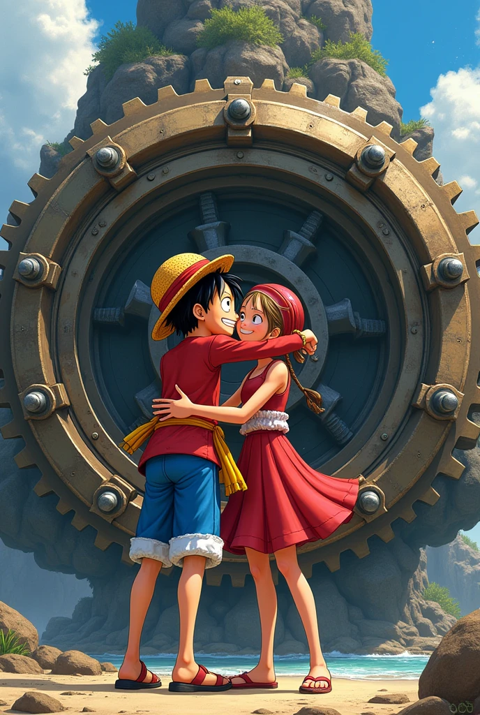 Giant gear 5 luffy hugging nami by the cheek 