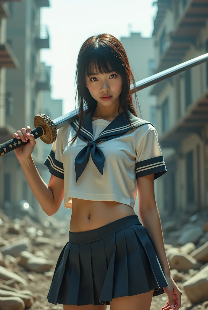 ((Battle Royale in the ruins of the city)), ((Sailor suit)), ((Holding the Japan sword)), (beautiful girl, Baby Face:1.3, Idol's face), (Small and slim body type), (Slender body line), (Beautiful breasts), Small and beautiful buttocks, (Highest quality, 8k, masterpiece:1.2), (Detailed eyes and face:1.3), (Fine hand), (Professional photography techniques, Cinema Lighting), (Displaying the viewer:1.3)