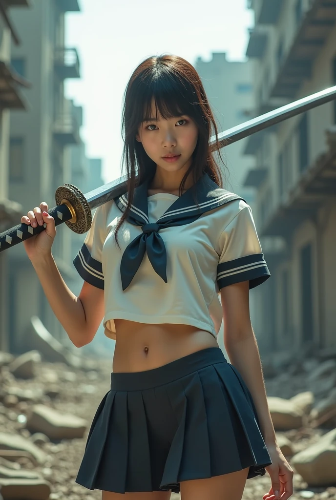 ((Battle Royale in the ruins of the city)), ((Sailor suit)), ((Holding the Japan sword)), (beautiful girl, Baby Face:1.3, Idol's face), (Small and slim body type), (Slender body line), (Beautiful breasts), Small and beautiful buttocks, (Highest quality, 8k, masterpiece:1.2), (Detailed eyes and face:1.3), (Fine hand), (Professional photography techniques, Cinema Lighting), (Displaying the viewer:1.3)