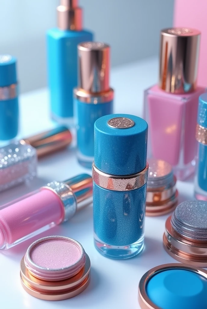 Professional colorful makeup on top of a white table, 4K, Modern, luxury, expensive and diverse packaging. Plata, doradas, blue and pink on the packaging, some just blue 