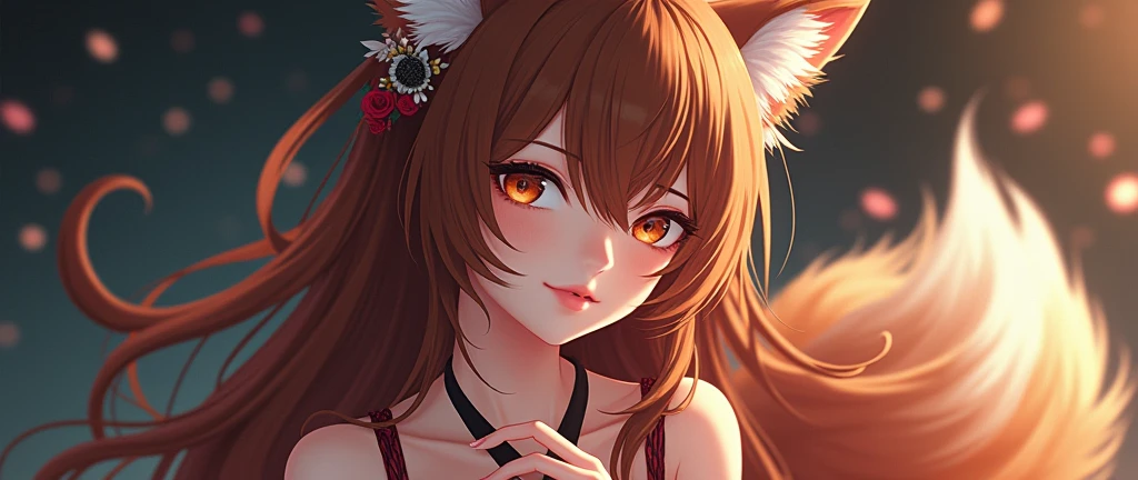 Best quality, 8K, HDR, soft lighting, picture perfect, realistic, vibrant, fox girl with brown hair, kitsune, beautiful female kitsune, digital anime illustration, beautiful illustration, beautiful digital artwork, exquisite digital illustration, realistic digital anime art, realistic anime style digital art, ultra high quality fantasy art, final fantasy, masterpiece, ultra high quality female character design, wallpaper illustrations of the highest quality, complex ultra high quality accurate faces of female characters, high quality design and accurate physics, ultra high quality fantasy style, dark fantasy Style, masterpieces, super high quality characters, anime resolution - 8K, realistic anime art, highest quality wallpaper illustration, ultra-high facial detail, quality design and physics accuracy, by color, depth of field, shadows, ray tracing, high quality and 8K resolution computer wallpaper production, accurate simulation of the interaction of light and materials, Highly detailed hair, More about beautiful and shiny brown hair, Beautifully detailed hands perfect fingers, Beautiful nails, perfect anatomy, perfect proportions, Full-length, Perfect color combination, Accurate imitation of the interaction of light and material, art that conveys the meaning of the story, full body picture.
