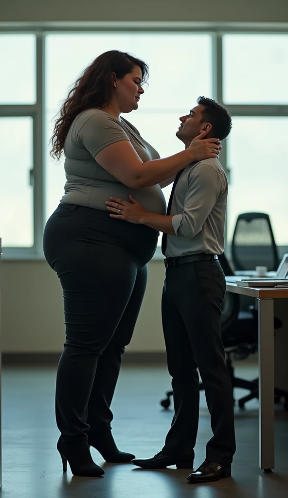 ( tall chubby Amanda Righetti strong woman hands )(woman hands holding at neck of shorter man head at her neck level from behind )(standing whole body tall comparison) (very different tall heights)(wearing office manager )(close to windows ) . High resolution. 8K, very high definition,real people captured camera ., photo