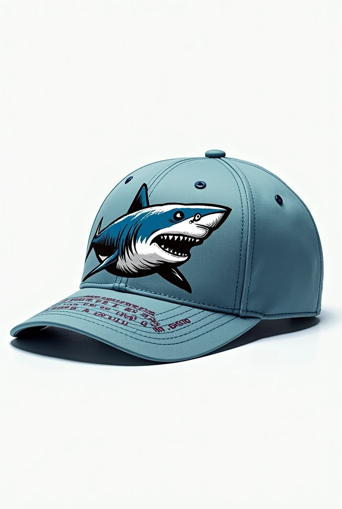 Create a sketch template of a college athletic cap that has a small drawing of a shark., with the following sentence: “be careful, the sea is not for fish, the shark will get you”