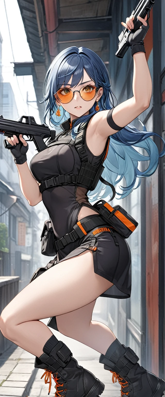 masterpiece、Highest quality、Ultra-high resolution、Maximum resolution、Very detailed、Professional Lighting、anime、Adult female、thin、so beautiful、、China dress、He has a gun、Holding a handgun in both hands、Yellow Eyes、Blue Hair、Long Wavy Hair、Earrings、Fingerless gloves、Tactical Boots、Equipped with transparent orange sunglasses、Equipped with a chest rig, (((hold a gun and take aim))), (((Random Action Pose)))