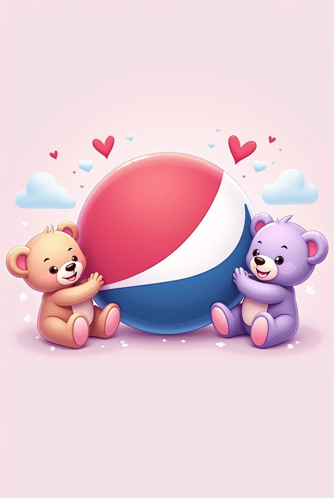 Create a cute Pepsi logo in pink and lilac colors with teddy bears on the side