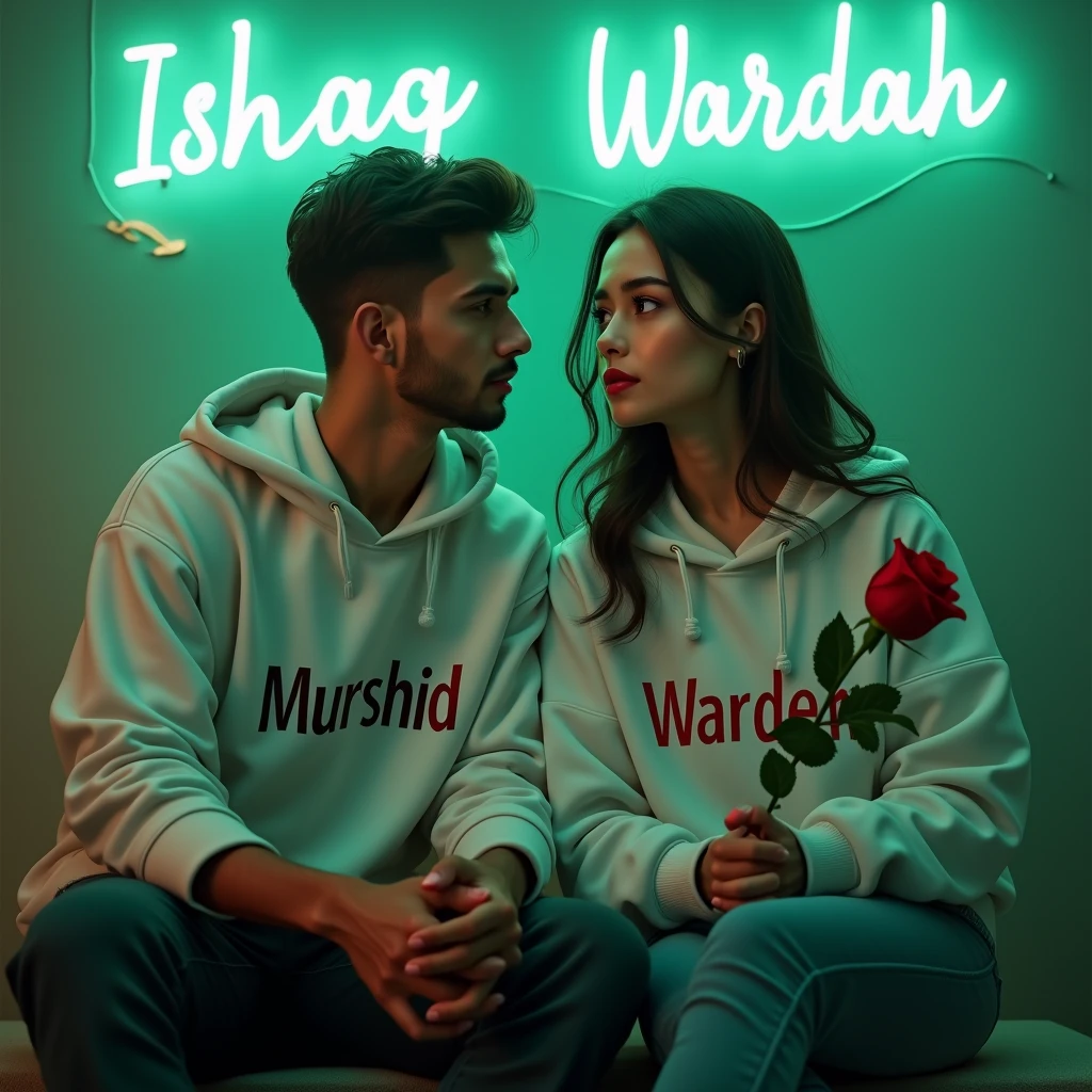 A 4k quality highly detailed Realistic portrait Handsome 28 year slim smart , guy White Hoodie with 30 year beautiful women in a White Hoodie, the girl has a red rose flower in her hand and is sitting on down floor, with romantic mode, no smile, written "Murshid" in the boy hoodie and "Wardah" in girl's hoodie, and Murshid ishaq Wardah is written on the green light glow wall with neon text text behind.