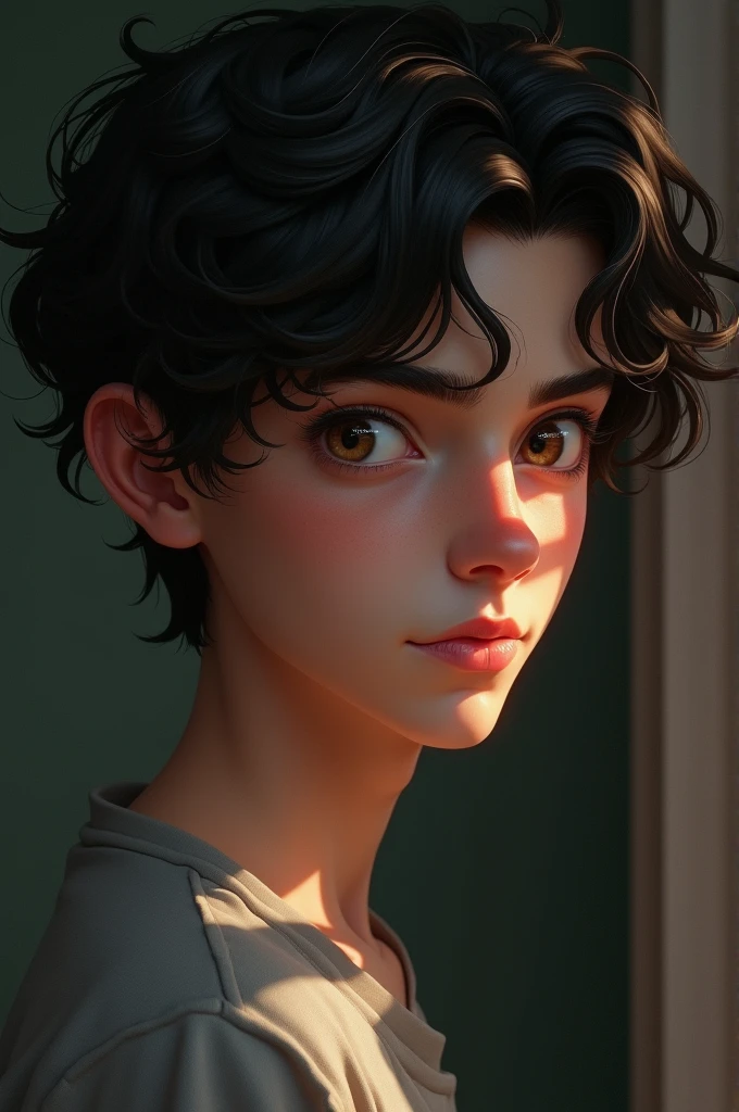 Young teenage man not so thin dark wavy almost curly hair and hazel eyes