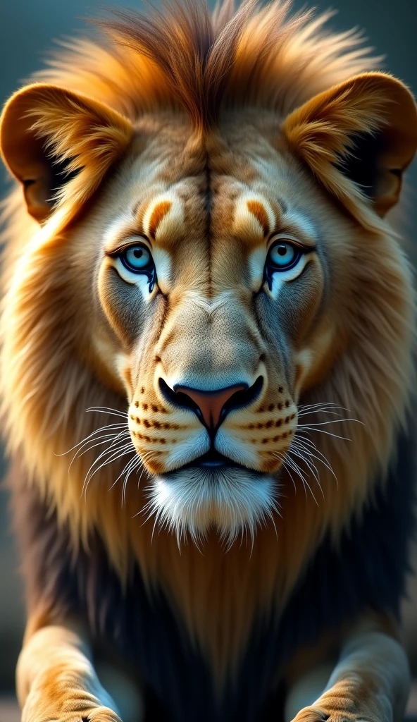 Generate an ultra realistic 8k image of a big, strong, blue-eyed lion crying