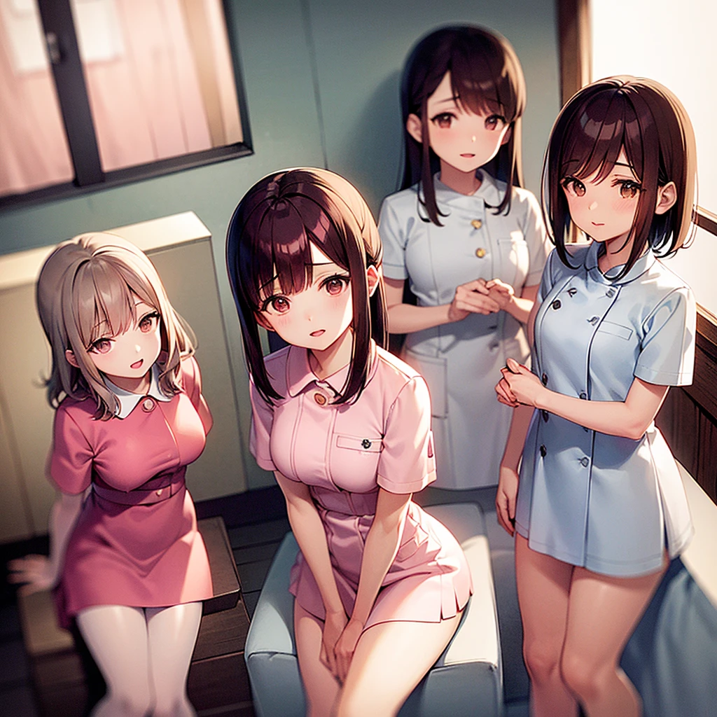 akagimio, brown hair, brown eyes, nurse, nurse cap, pink dress, short sleeves, white panty, Akagi Mio-Boku to Nurse no Kenshuu Nisshi