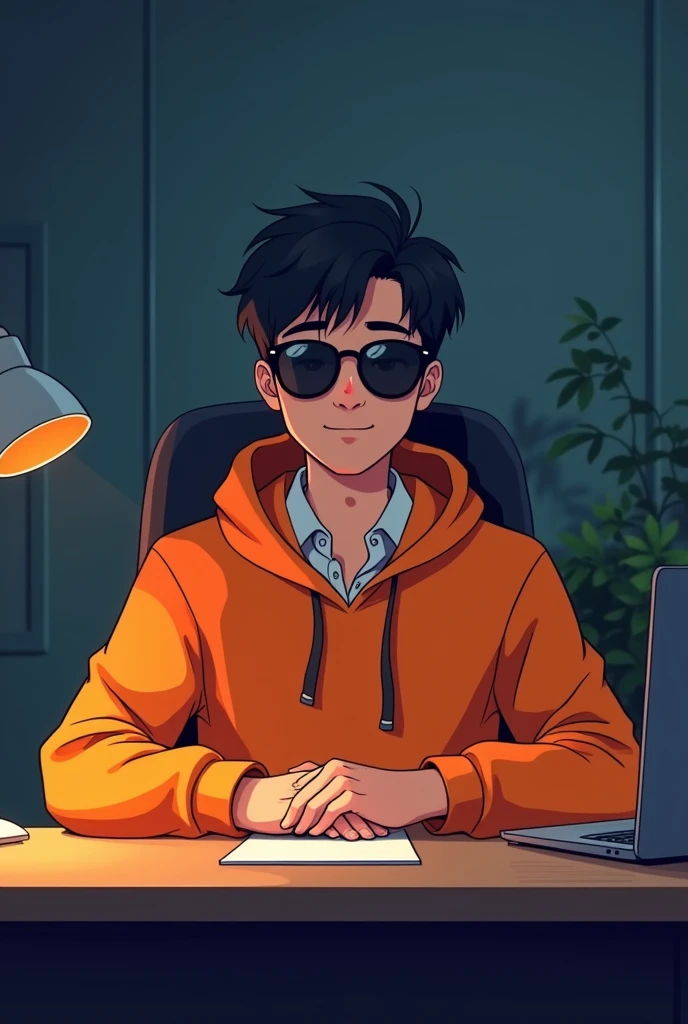 ANIME FRIENDLY LOOKING MALE BUSINESS CHARACTER, A ORANGE HOODIE AND SUNGLASSES. HE IS SITTING BEHIND HIS LAPTOP IN HIS OFFICE, ARMS ON HIS DESK. IT IS NIGHT. THE ROOM HAS VOLUMETRIC
LIGHTING. HE IS FRONT FACING TO THE CAMERA, LOOKING STRAICHT AND CENTERED, CENTRAL PORTRAIT, SITTING STRAIGHT, FRONT VIEW, CENTERED LOOKING STRAIGHT. THE OVERALL AMBIANCE OF THE IMAGE SHOULD CONVEY A CONNECTION TO MINIMALISM, FLAT ILLUSTRATION, BOLD LINE, MINIMALISM, SIMPLIFIED, GOUACHE ILLUSTRATION. 8K RESOLUTION con el fondo llamativo