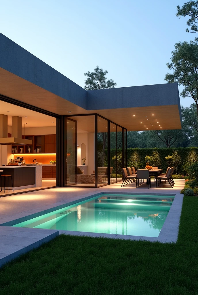 The project of a house on a 420 square meter plot. Modern single storey house. Grassy backyard with jacuzzi and garden, Gourmet area with barbecue and table to receive friends. Lighting in the garden and green area with hanging plants.
