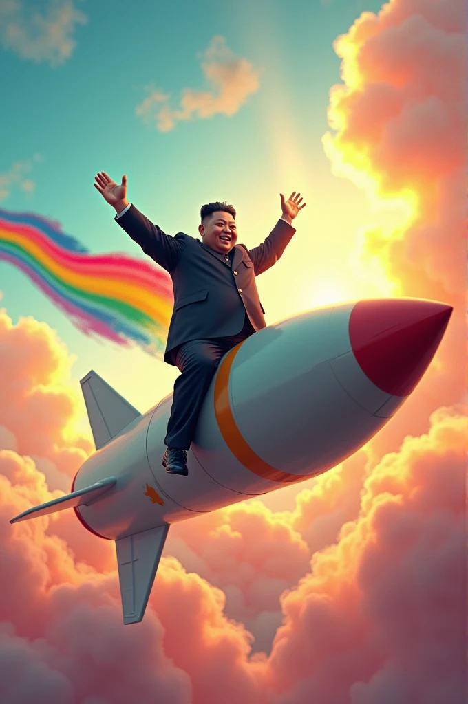 Kim jong un riding on a flying nuclear missile on a rainbow cloud background looking happy and pulling a rainbow flag behind him