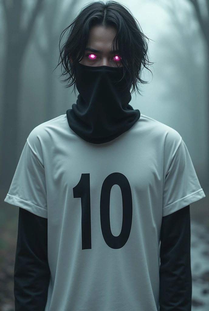 a man with a white shirt with the number 10 on the heart, black mask, loose hair and pink eyes