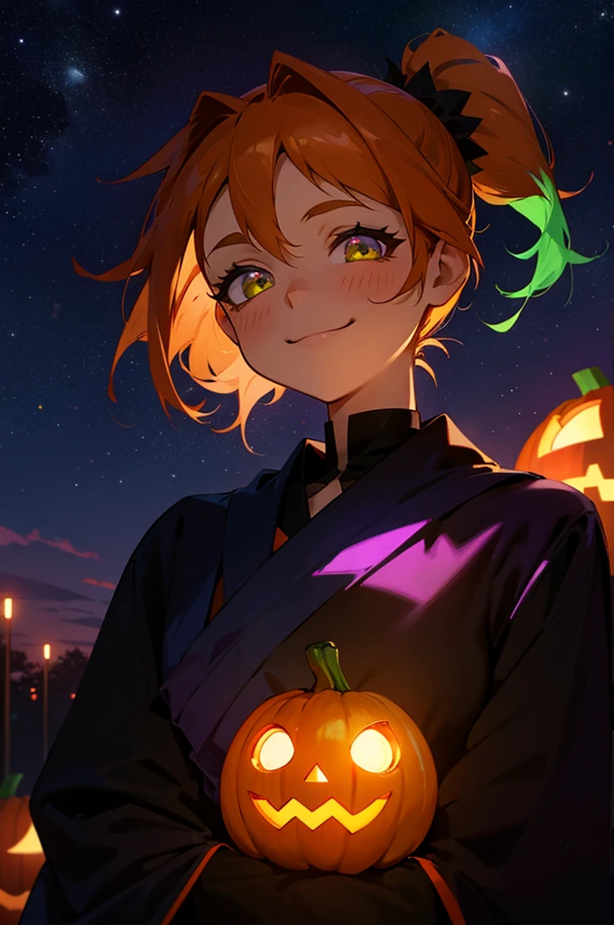 1 Girl、1、Orange Hair、glowing green eyes、Side Ponytail、Jack O'Lantern、Halloween、smile、smile、Upper body close-up、Colorful starry sky、Iridescent aura、Purplish color、Outdoor、Shadow lighting