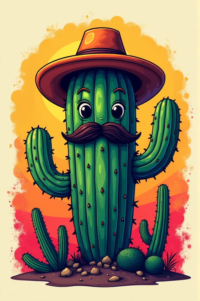 Cactus logo, with hat, mustache and imposing face, colorful