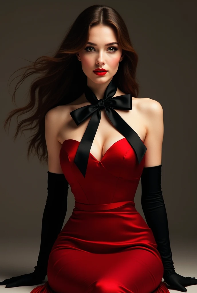 A realistic woman, 2, long hair brunette. She is wearing a red satin dress, arrivant jusqu'aux genoux. Elle porte des gants en satin noirs et un épais ruban en satin noir autour du cou dont le noeud est noué derrière sa nuque. She has a beautiful red lipstick and black doe-eyed eyeliner.. She also wears black stockings and red high heels.